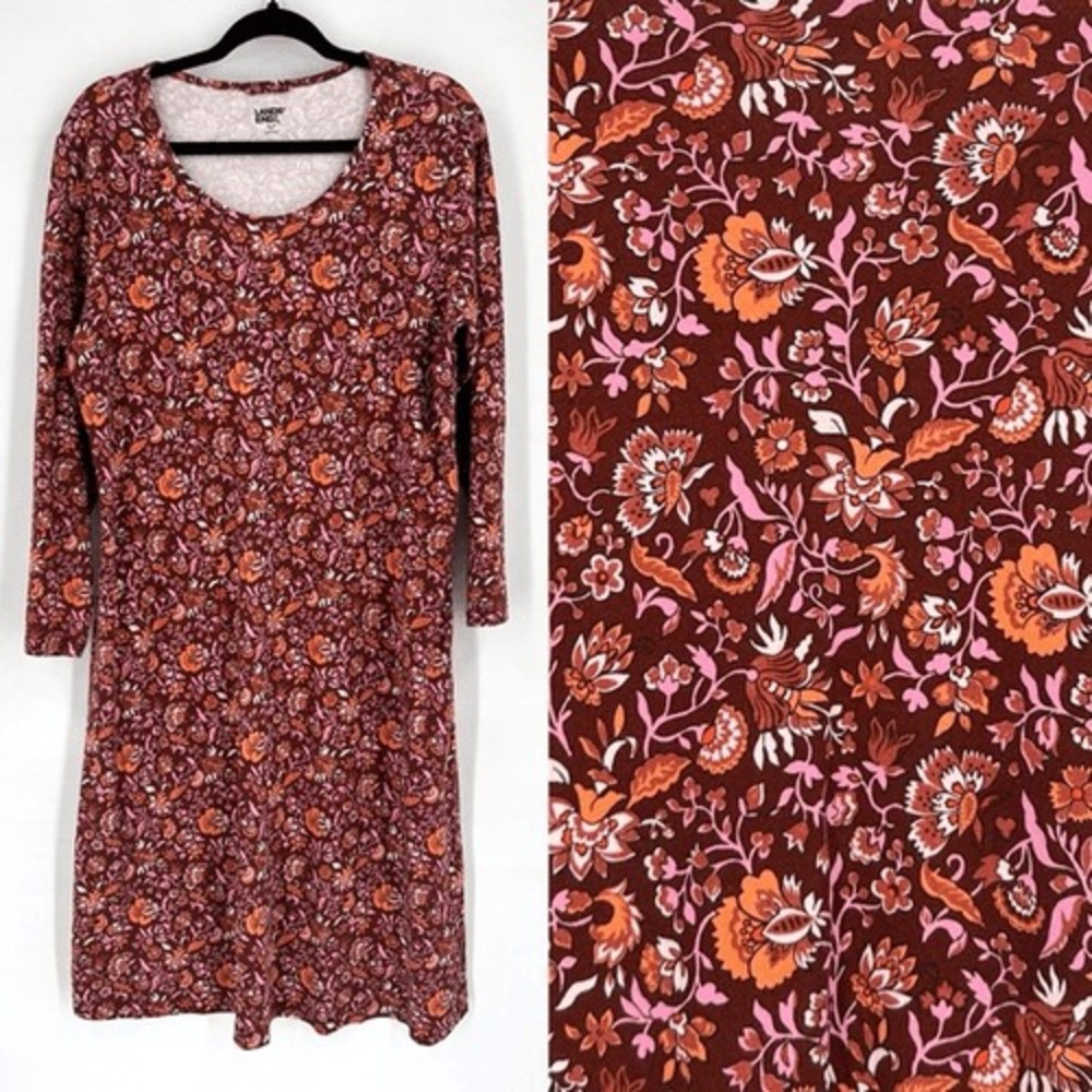 Lands' End Women's Floral Midi Dress‎ Stretch Knot Size XL Petite Fall Colors